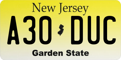 NJ license plate A30DUC