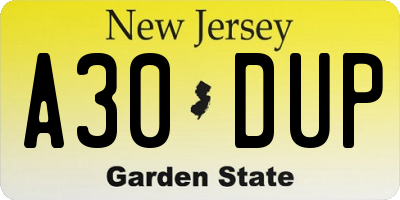 NJ license plate A30DUP