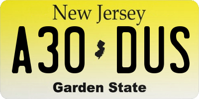 NJ license plate A30DUS