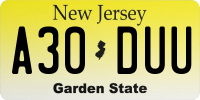NJ license plate A30DUU