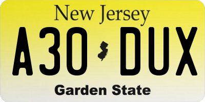 NJ license plate A30DUX