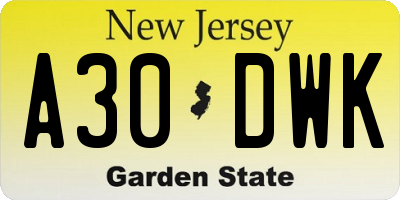 NJ license plate A30DWK
