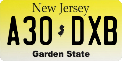 NJ license plate A30DXB