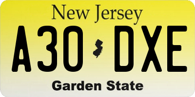 NJ license plate A30DXE