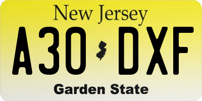 NJ license plate A30DXF