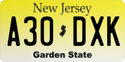 NJ license plate A30DXK