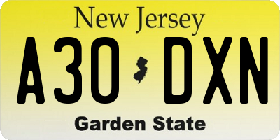 NJ license plate A30DXN
