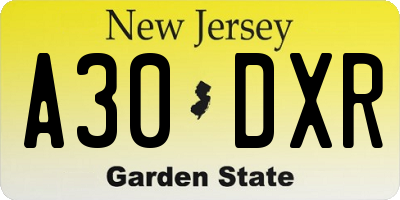 NJ license plate A30DXR