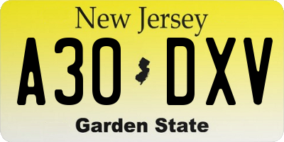 NJ license plate A30DXV