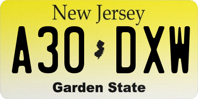 NJ license plate A30DXW