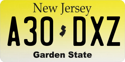 NJ license plate A30DXZ