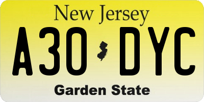 NJ license plate A30DYC