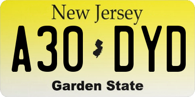 NJ license plate A30DYD