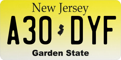 NJ license plate A30DYF