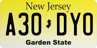 NJ license plate A30DYO