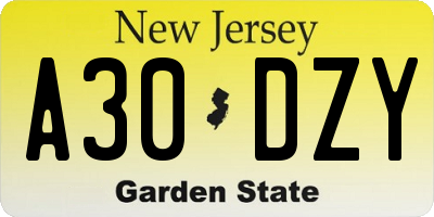 NJ license plate A30DZY