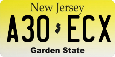 NJ license plate A30ECX