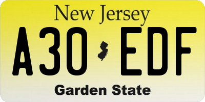 NJ license plate A30EDF