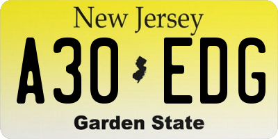 NJ license plate A30EDG