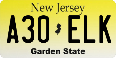 NJ license plate A30ELK