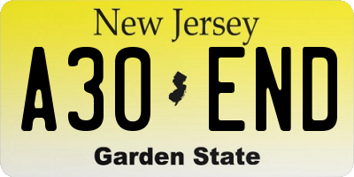 NJ license plate A30END