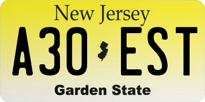NJ license plate A30EST