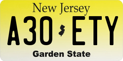 NJ license plate A30ETY