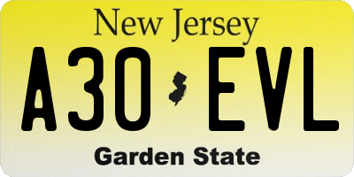 NJ license plate A30EVL