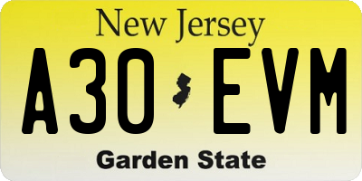 NJ license plate A30EVM