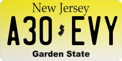 NJ license plate A30EVY
