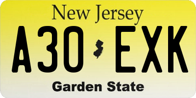 NJ license plate A30EXK