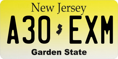 NJ license plate A30EXM