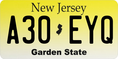 NJ license plate A30EYQ