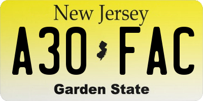NJ license plate A30FAC