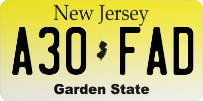 NJ license plate A30FAD