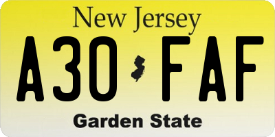NJ license plate A30FAF