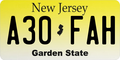NJ license plate A30FAH