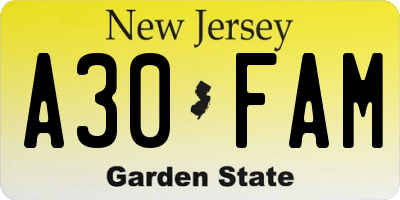 NJ license plate A30FAM