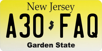 NJ license plate A30FAQ