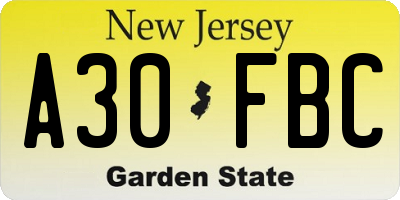 NJ license plate A30FBC