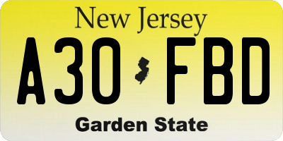 NJ license plate A30FBD