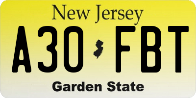 NJ license plate A30FBT