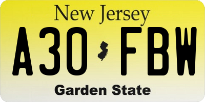 NJ license plate A30FBW