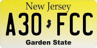 NJ license plate A30FCC
