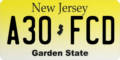 NJ license plate A30FCD