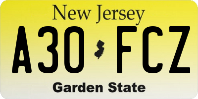 NJ license plate A30FCZ