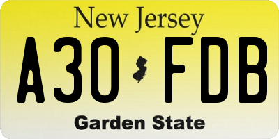 NJ license plate A30FDB