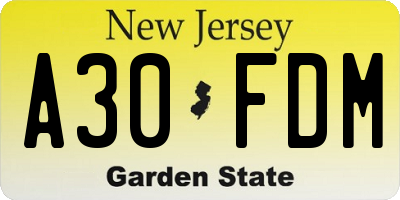 NJ license plate A30FDM