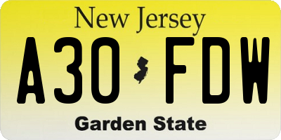 NJ license plate A30FDW