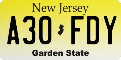 NJ license plate A30FDY